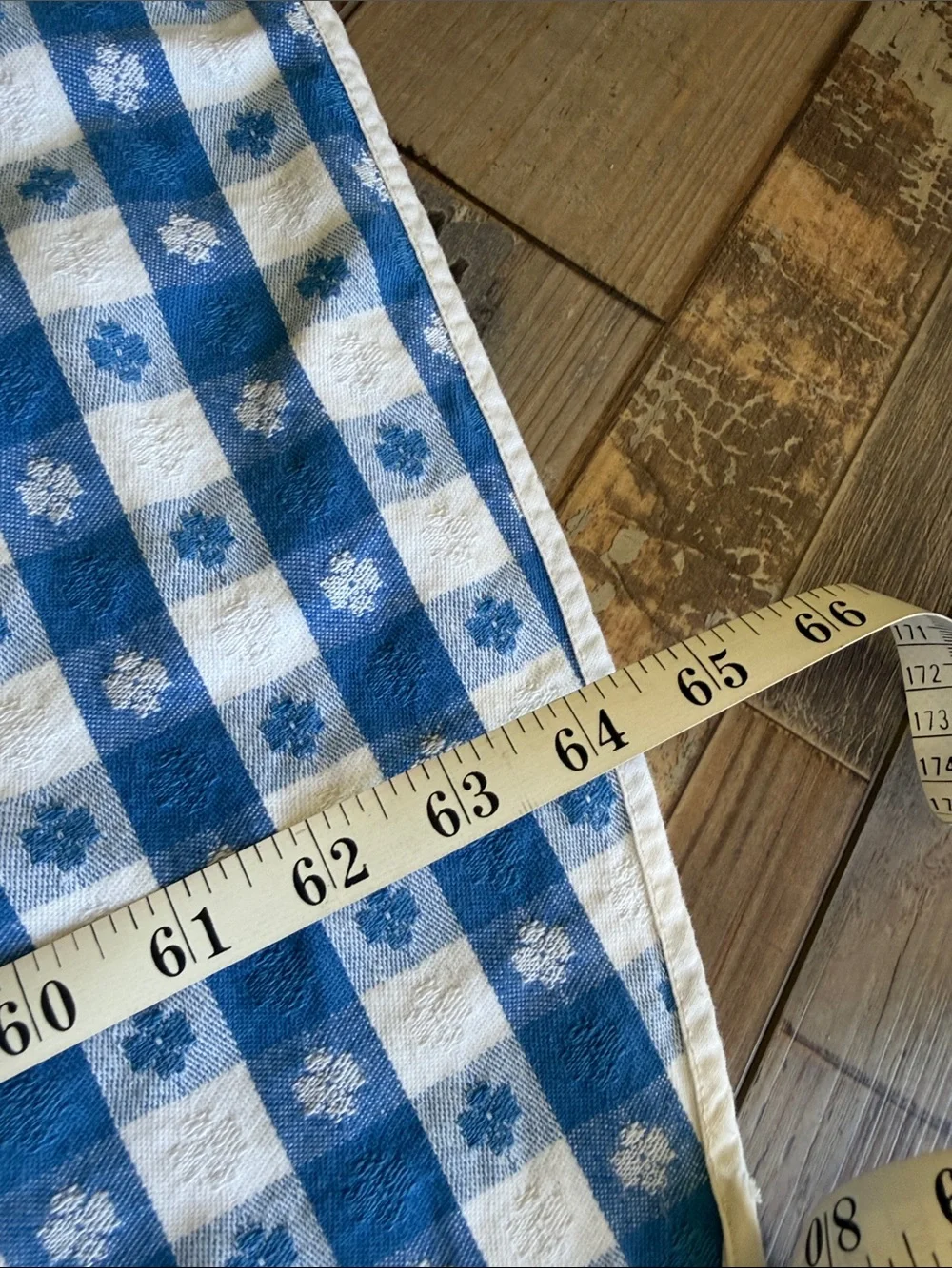 Blue and White Gingham Checkered Round Slightly Oval Linen Tablecloth